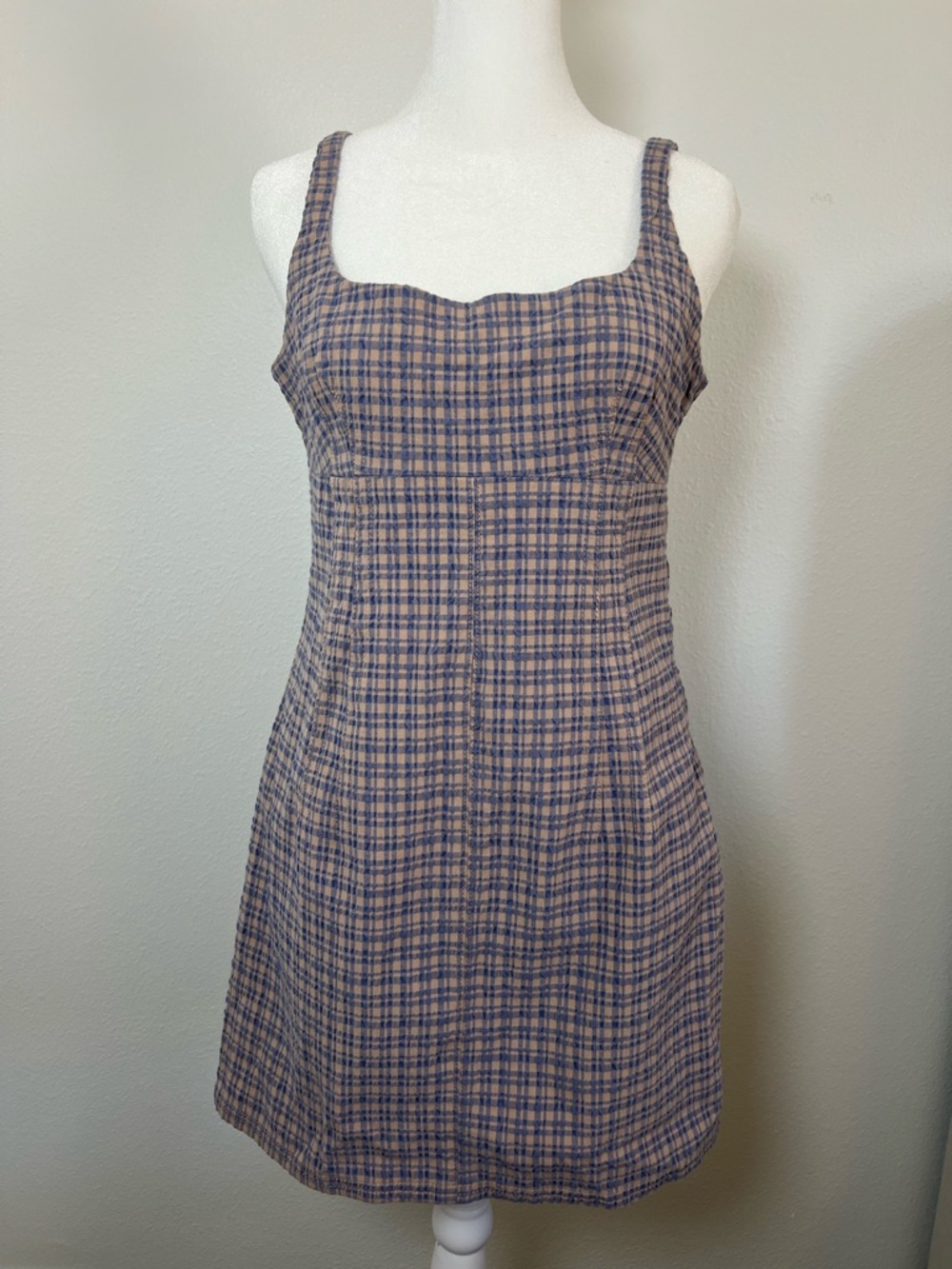 [BDG Urban Outfitters] Classic Plaid Square-Neck Mini Dress in Blue and Tan